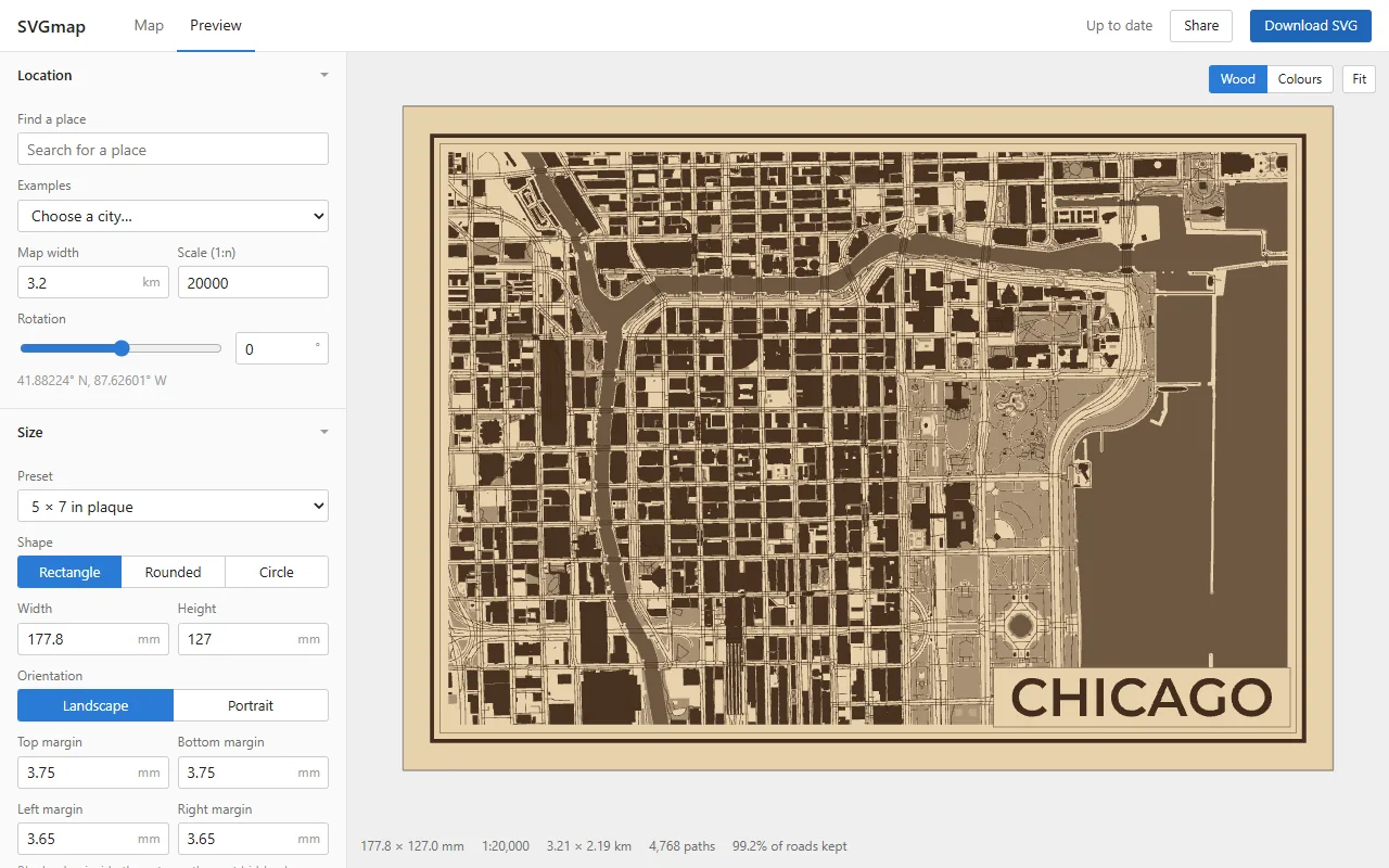 Laser preview of downtown Chicago on a 5 by 7 inch plaque